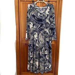 LuLaRoe Ryane Blue & White Swirl Long Sleeve Midi Dress Plus Size 3X NWT